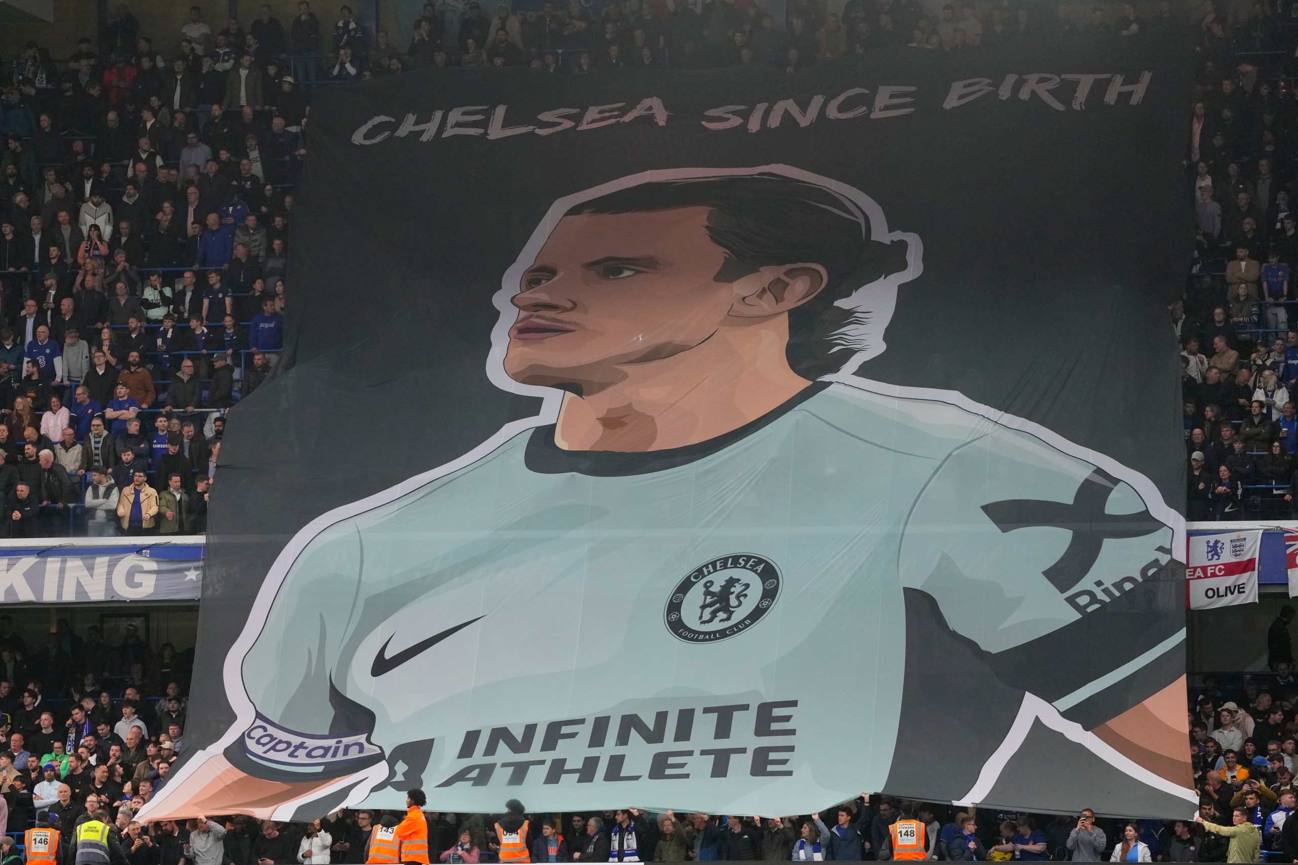 A giant tifo portraying Gallagher with the words “Chelsea since birth” appeared in the crowd before the game against Tottenham
